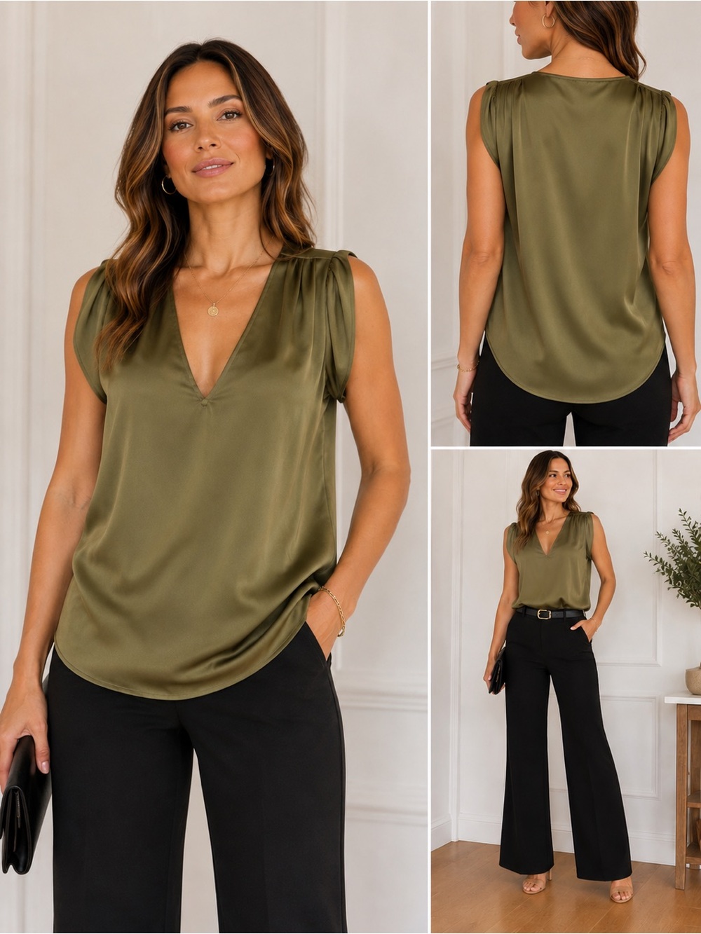 Ramy Brook Olive Green Satin Puff Sleeve V Neck Blouse Top XS Like New